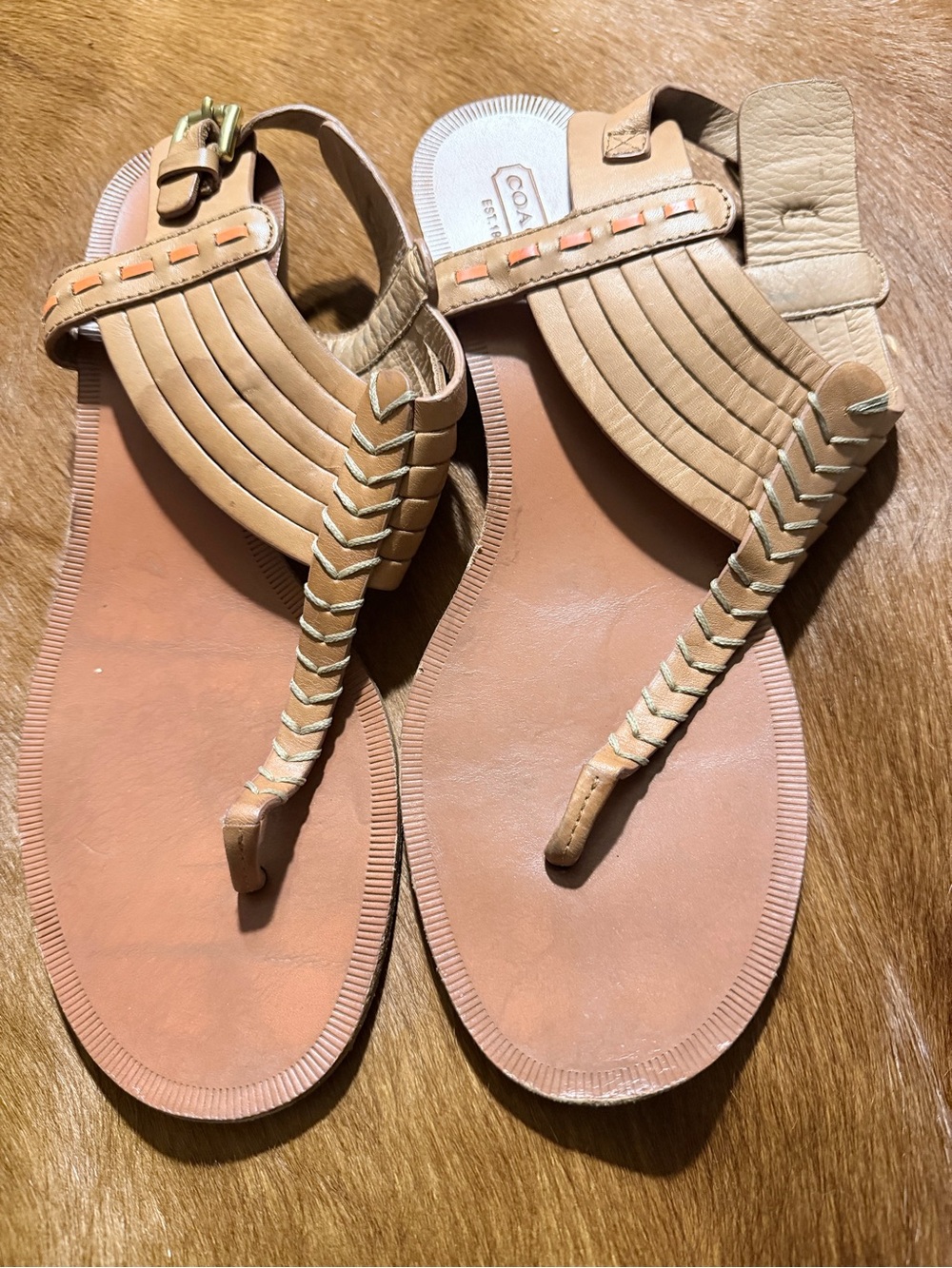 Coach Beige Tan Braided Thong Sandals